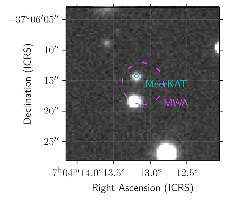 Greyscale image of six stars, two of which are encircled by a magenta circle, and one of which is pinpointed by a cyan circle.